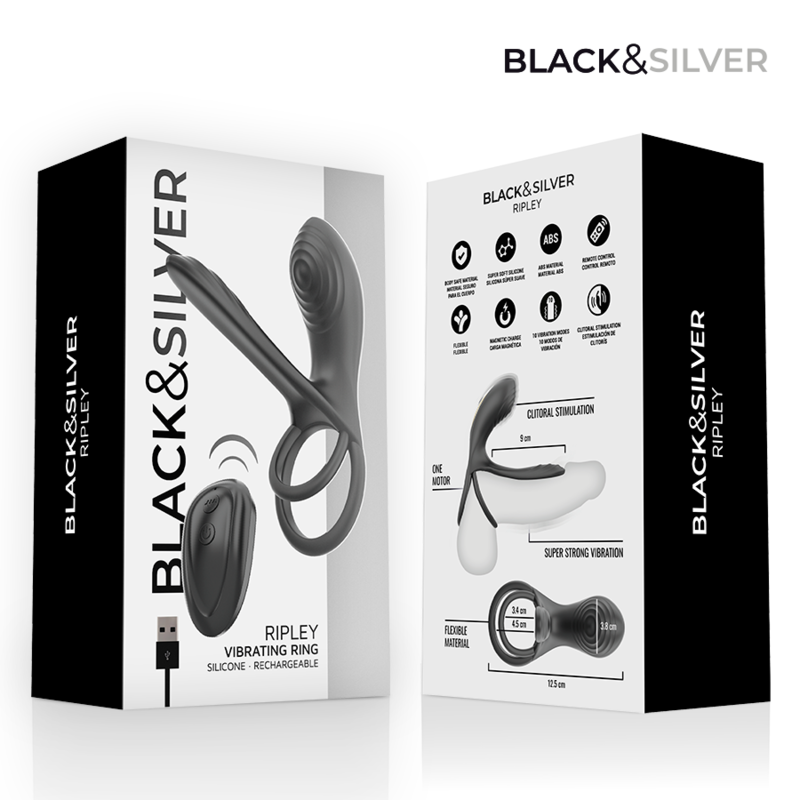 BLACK & SILVER - ANEL VIBRATÓRIO RECARREGÁVEL RIPLEY PRETO E PRATEADO COM CONTROLE REMOTO