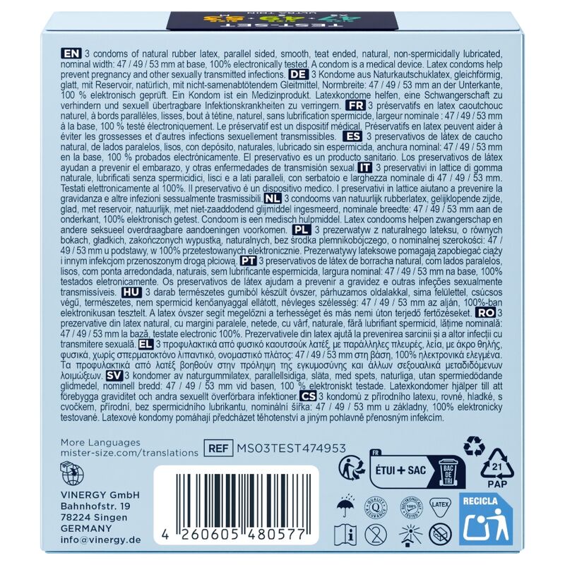 MISTER SIZE - PACOTE DE AMOSTRA DE PRESERVATIVO TAMANHO 47-49-53 MM (3 UNIDADES)