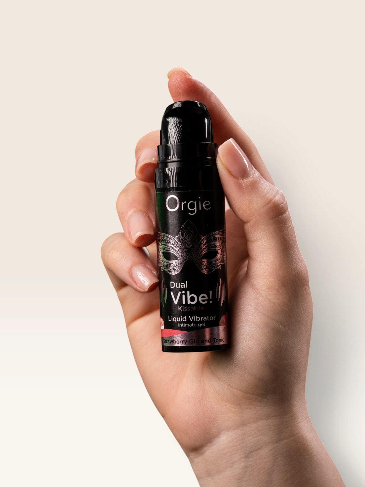 ORGIE - DUAL VIBE! VIBRADOR LÍQUIDO BEIJÁVEL COM SABOR DE MORANGO, GIN TÔNICA, 15 ML