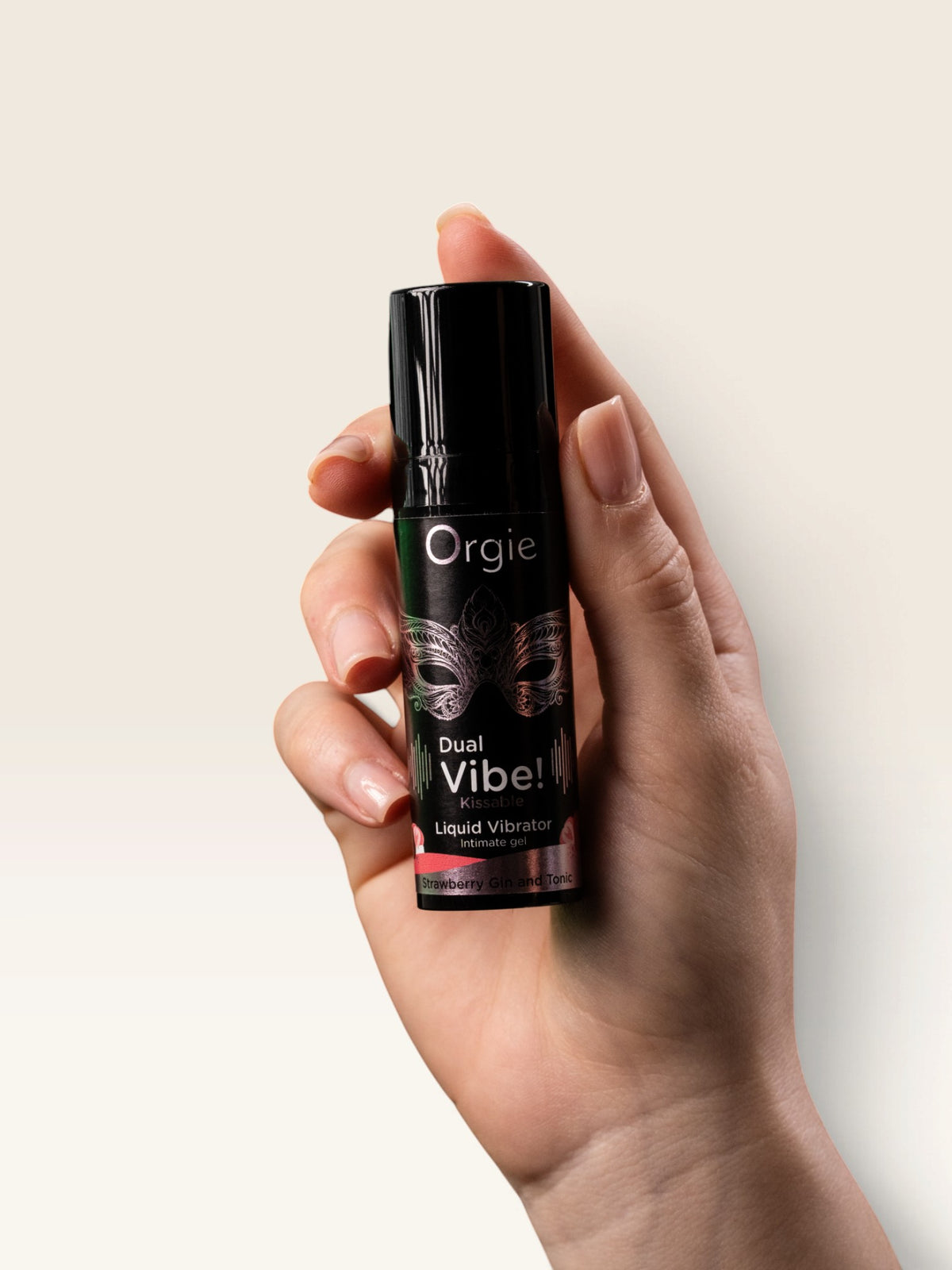 ORGIE - DUAL VIBE! VIBRADOR LÍQUIDO BEIJÁVEL COM SABOR DE MORANGO, GIN TÔNICA, 15 ML