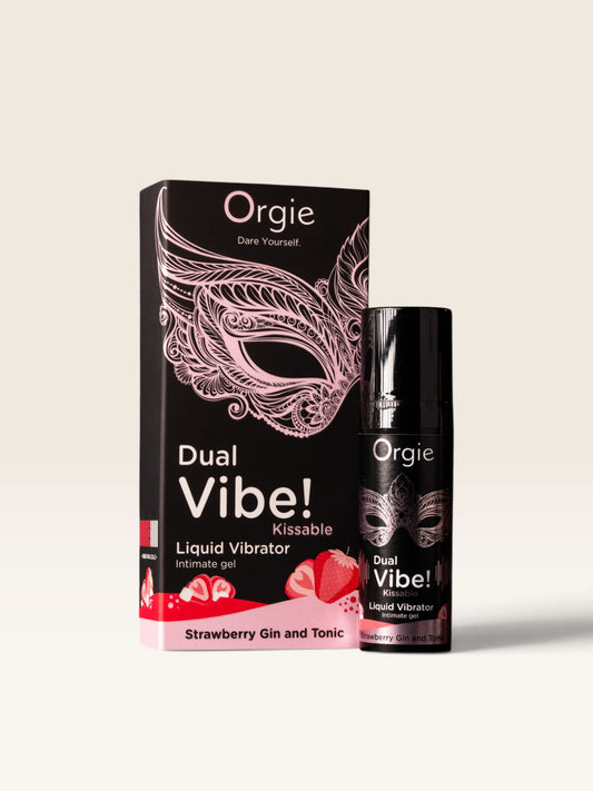 ORGIE - DUAL VIBE! VIBRADOR LÍQUIDO BEIJÁVEL COM SABOR DE MORANGO, GIN TÔNICA, 15 ML