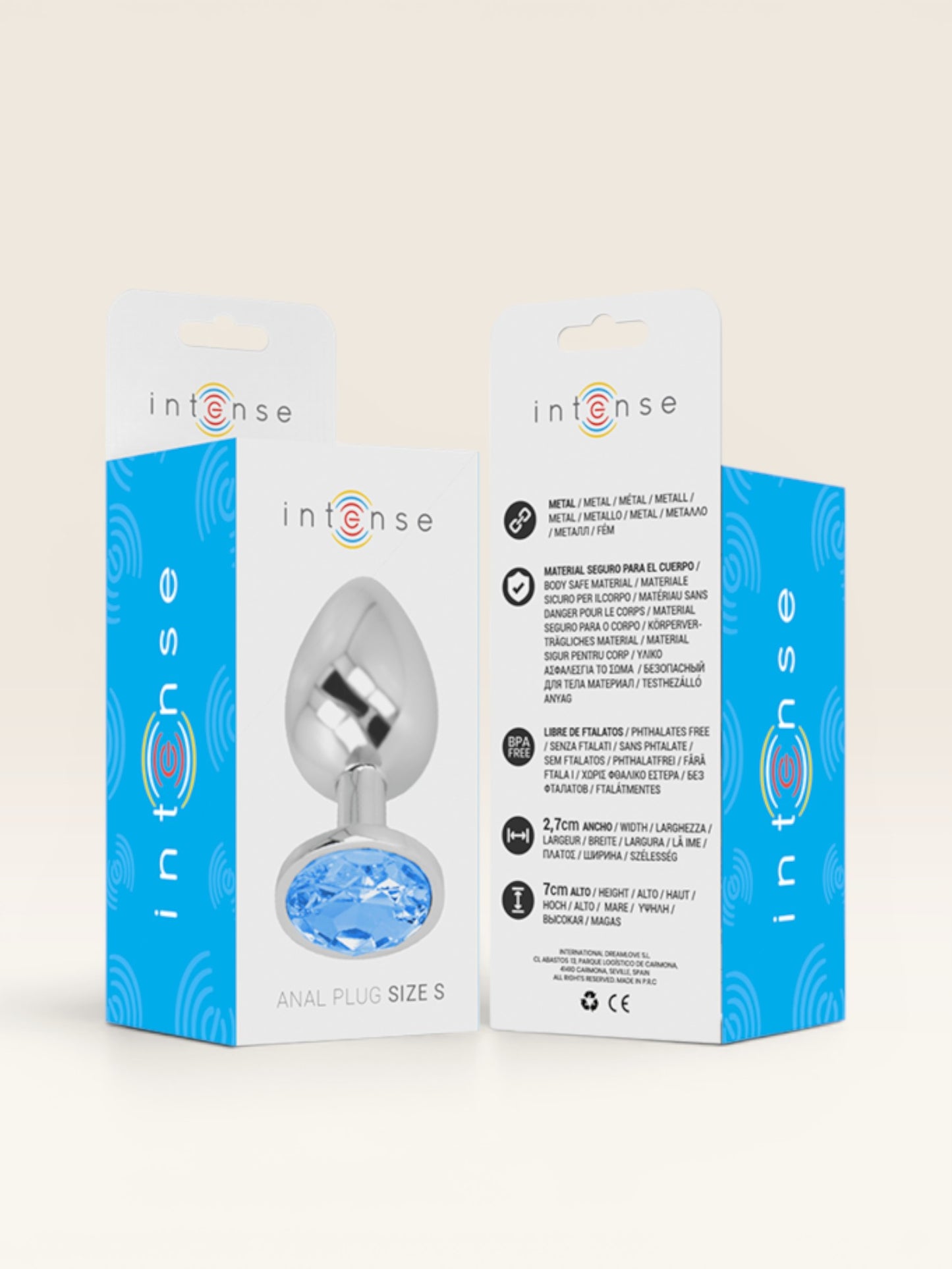 INTENSE - PLUG ANAL DE METAL DE ALUMÍNIO COM CRISTAL AZUL TAMANHO S
