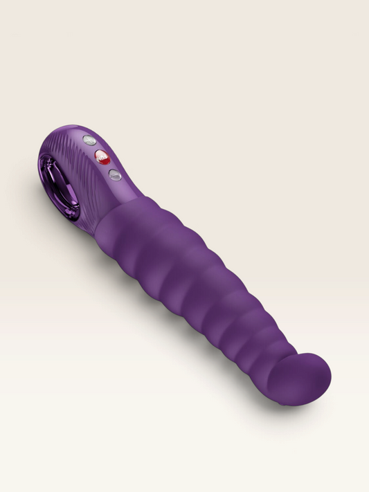 LLibertà FUN FACTORY Patchy Paul dark purple G-spot vibrator with ribbed silicone texture and ergonomic loop handle