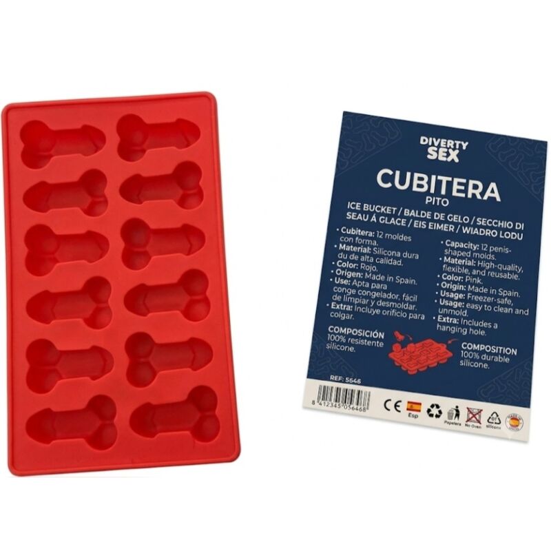 DIABLO PICANTE - 12 PÊNIS DE SILICONE DURO PENDURADOS EM BALDE DE GELO AZUL