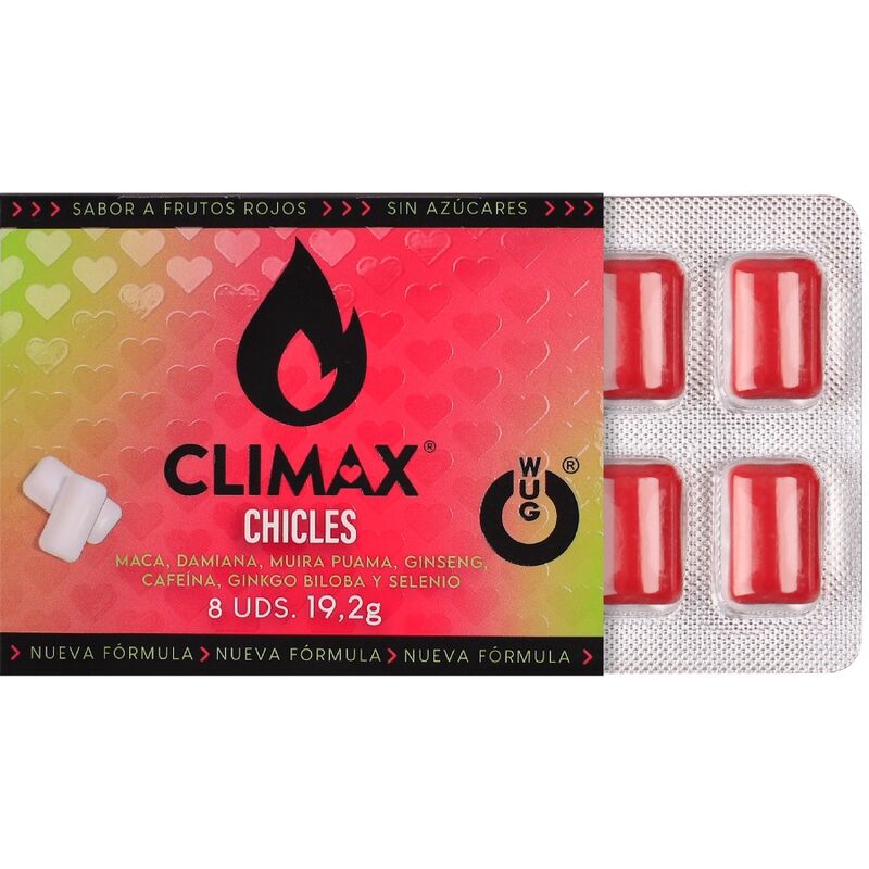 WUG Climax - Goma de mascar funcional com Maca, Damiana e Ginseng para aumentar o desejo e a vitalidade íntima. Cartela com 8 unidades.