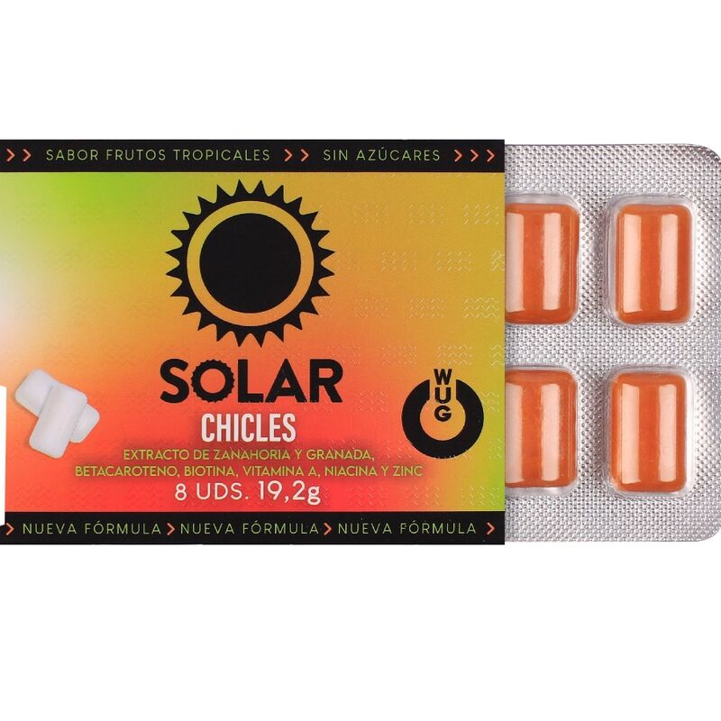 WUG Solar - A goma de mascar que prepara a sua pele para o sol. Cartela com 8 unidades.