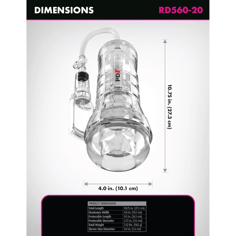 PDX ELITE - VIEWTUBE VAC XXL TRANSPARENTE STROKER COM BOMBA DE SUCÇÃO 27,3 CM