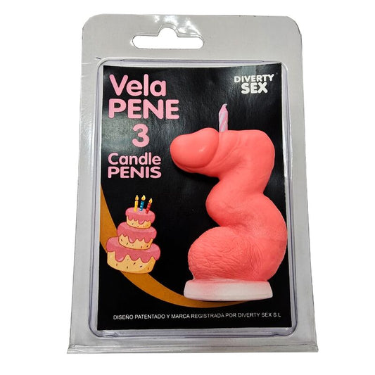 DIABLO PICANTE - VELA EM FORMATO DE PÊNIS COM O NÚMERO 3 NA COR ROSA