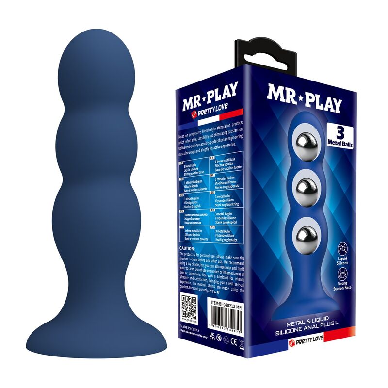 MR PLAY - PLUG ANAL COM BOLINHAS DE METAL E VENTOSA AZUL