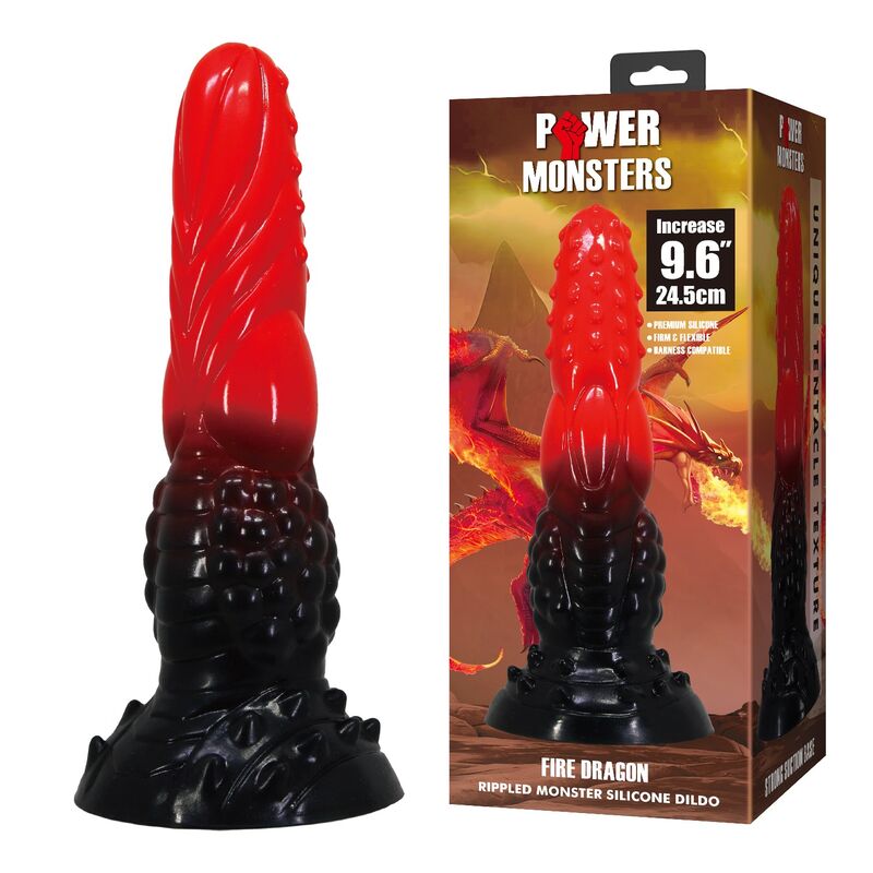 POWER MONSTERS - DILDO DE FANTASIA DRAGÃO DE FOGO COM VENTOSA 24,5 CM Ø 5,8 CM VERMELHO E PRETO