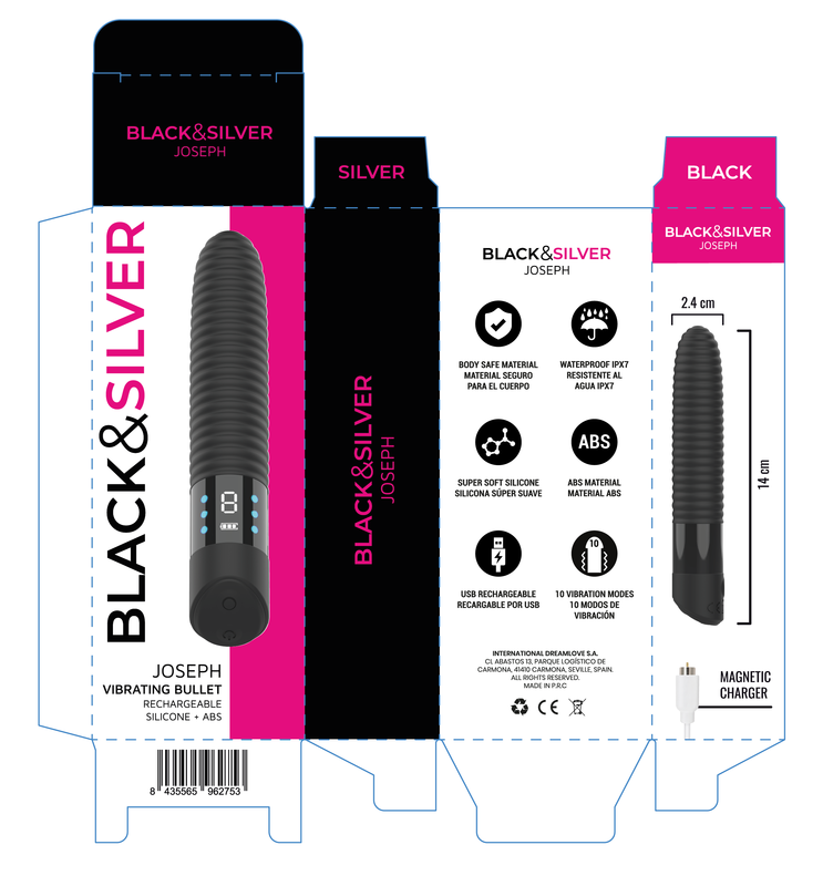 BLACK &amp; SILVER - VIBRADOR JOSEPH RECARREGÁVEL VIA USB COM DISPLAY DE LED PRETO