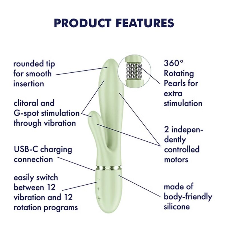 SATISFYER - PEARL BUNNY 2 VIBRADOR COELHO COM PÉROLAS GIRATÓRIAS VERDE CLARO