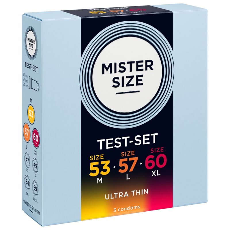 MISTER SIZE - PACOTE DE AMOSTRA DE PRESERVATIVOS TAMANHO 53-57-60 MM (3 UNIDADES)