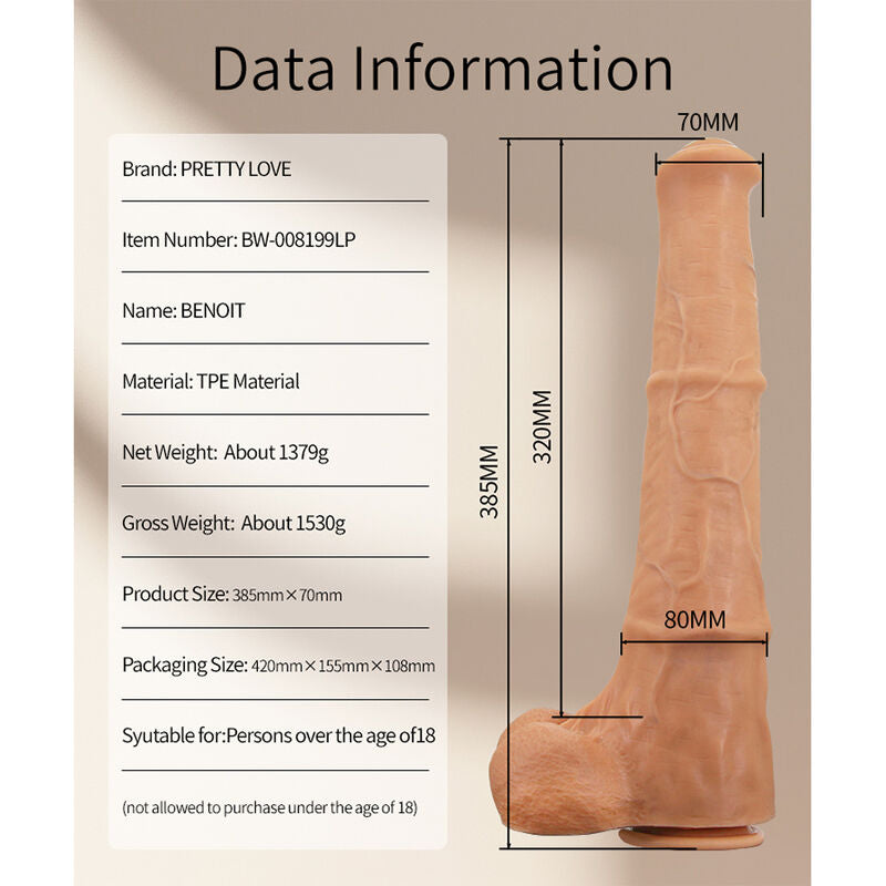 PRETTY LOVE - BENOIT DILDO REALISTA COM TOQUE SUAVE E PELE DESLIZANTE  38,5 CM NATURAL