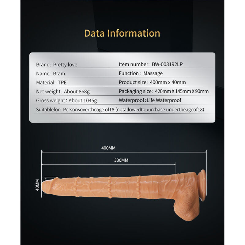 PRETTY LOVE - BRAM DILDO REALISTA DE TOQUE SUAVE COM PELE DESLIZANTE 40 CM NATURAL