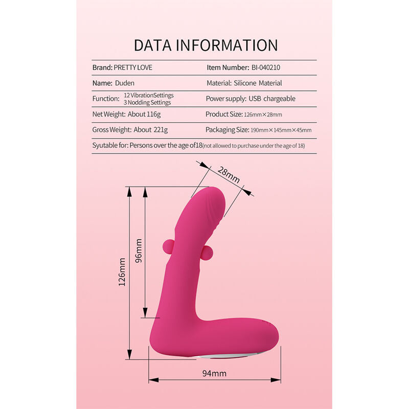 PRETTY LOVE - DUDEN VIBRADOR DE SILICONE RECARREGÁVEL COM 12 MODOS DE VIBRAÇÃO E 3 MODOS DE BALANÇO, ROSA.