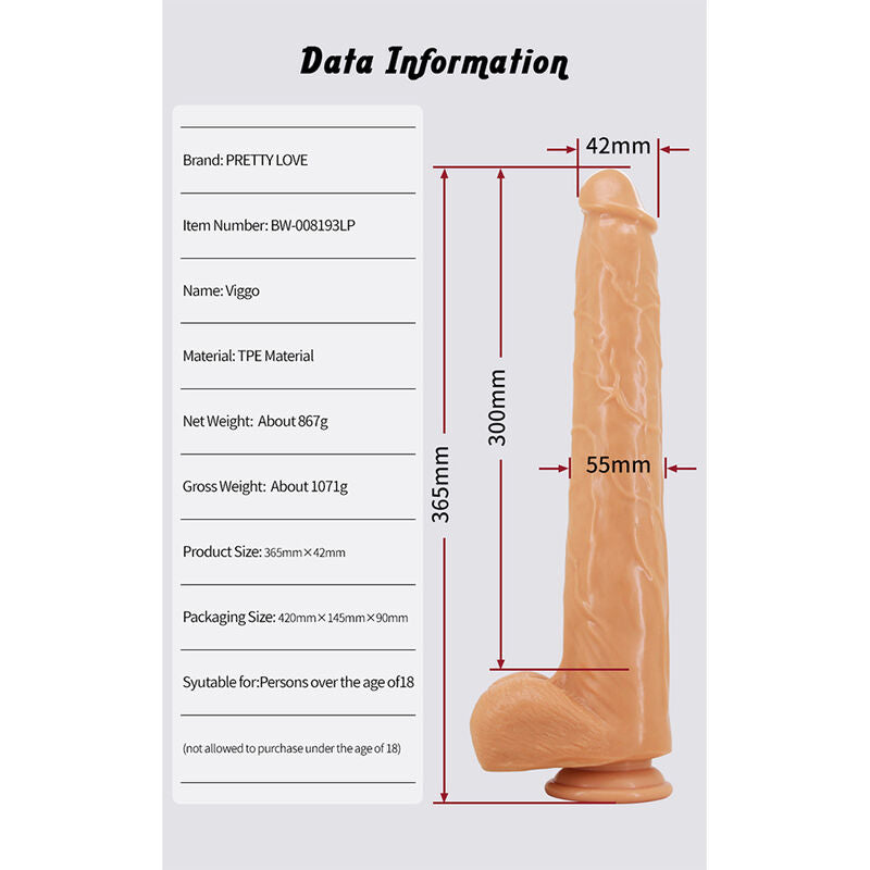 PRETTY LOVE - VIGGO DILDO DESLIZANTE COM TOQUE SUAVE E REALISTA DE 36,5 CM NATURAL