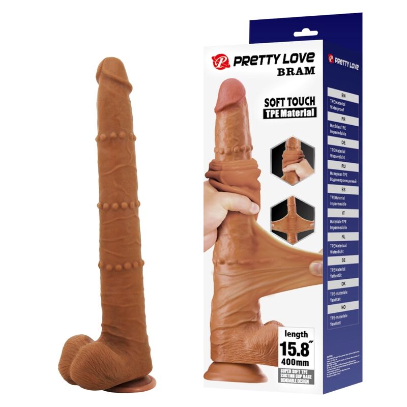 PRETTY LOVE - BRAM, VIBRADOR DESLIZANTE REALISTA COM TOQUE SUAVE, 40 CM, MARROM.