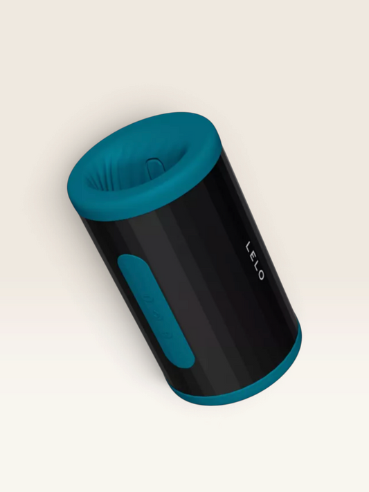 LLibertà LELO F2S Double Sonic male masturbator in teal and black with dual sonic motors and textured silicone sleeve
